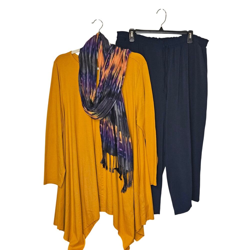 3pc Outfit Roaman's Mustard Tunic | Anyhold 2X Navy Pants | Tie Dye Scarf #40